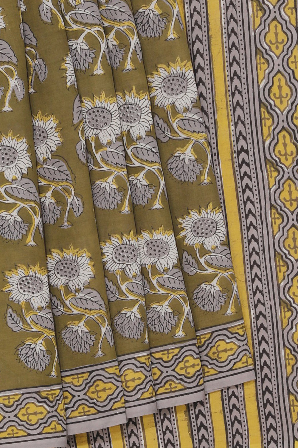 Image of Olive Green Hand Block Printed Bagru Cotton Saree